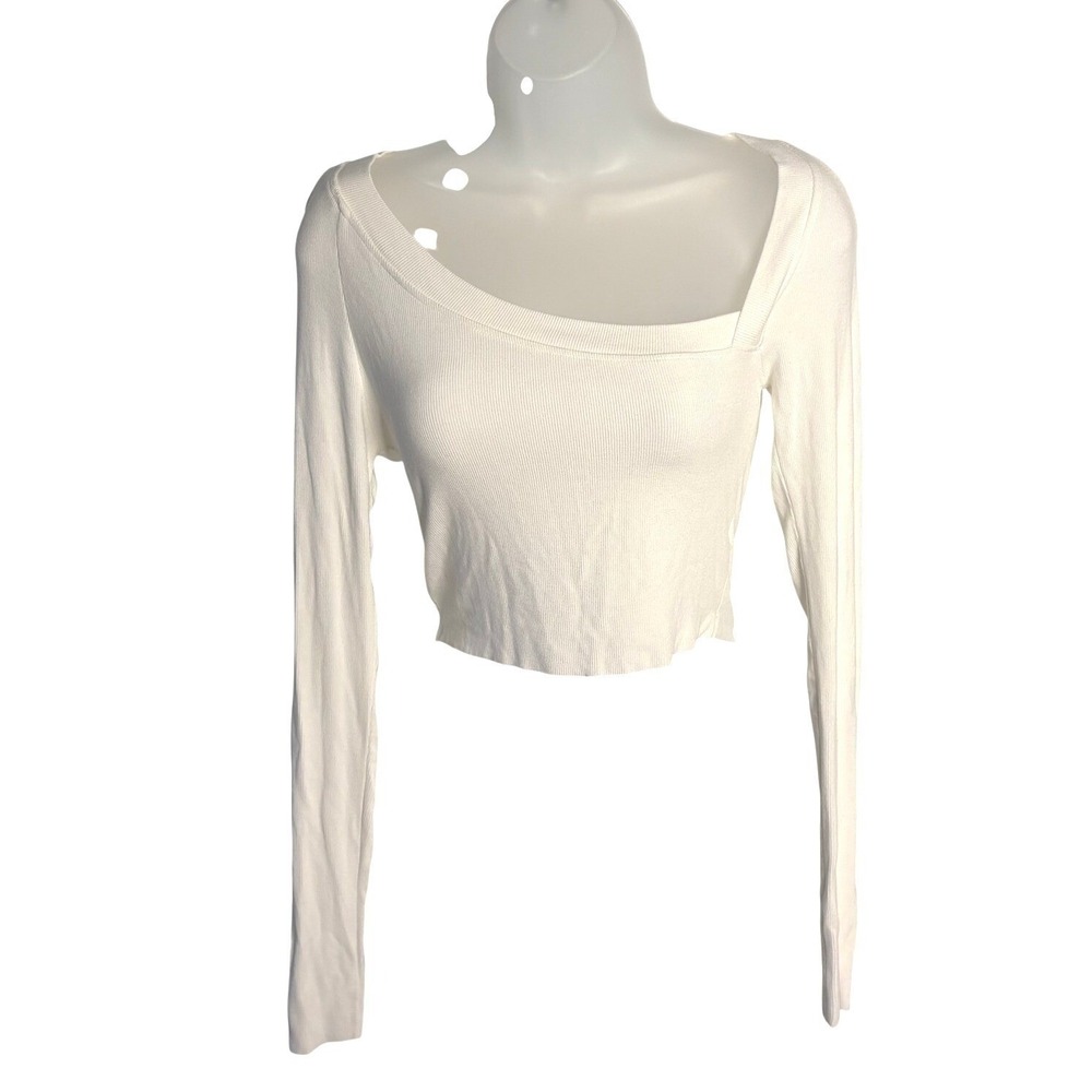 Beige Botany | White Ribbed Asymmetrical Neck Long Sleeve Crop Top | Size M